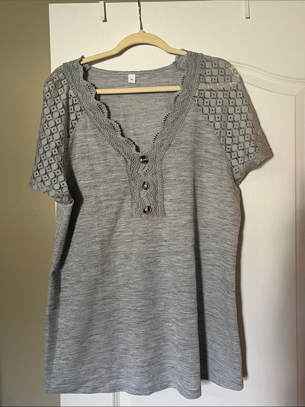 Light Gray Crochet Sleeve Knit Top - Casual Women's Tee